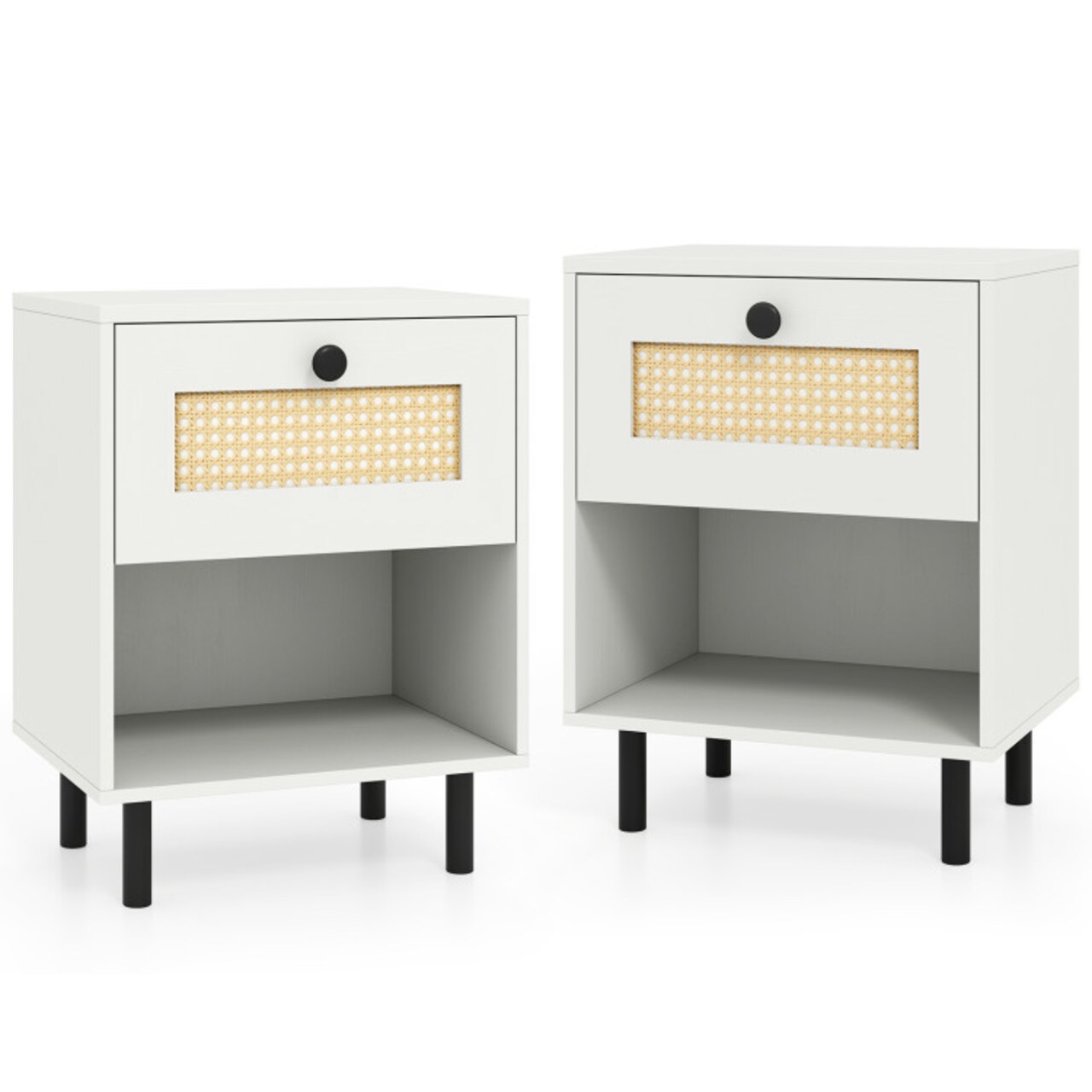 Set of 2 Modern White Rattan Boho Nightstand Bedside Table with Drawer and Shelf for Bedroom